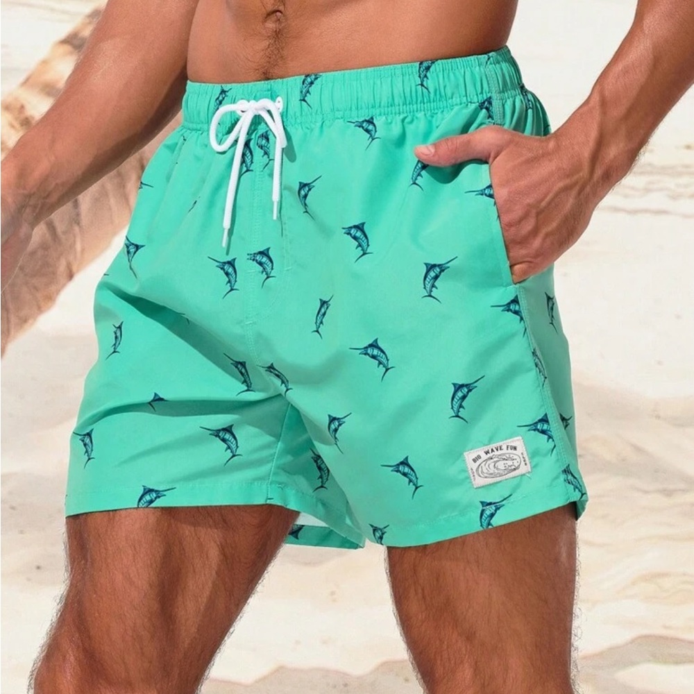 New in bag Manfinity turquoise Fish Print Drawstring Waist Mens Swim Trunks sz S